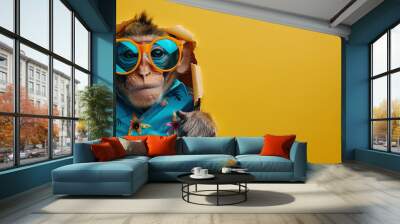 happy monkey ​​in sunglasses and hawaiian shirt peeking out of a paper hole. copy space, creative banner Wall mural