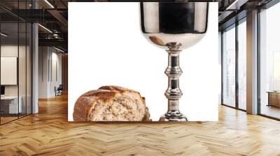 holy communion chalice with wine and bread isolated on white background Wall mural