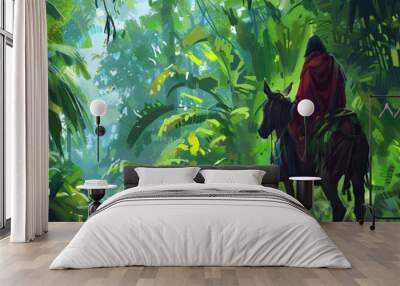 Holy man astride a burro in a lush forest  Wall mural