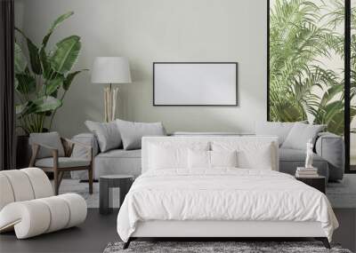 horizontal frame mock up in modern living room interior with gray sofa, wooden furniture and palm tropical leaves, 3d rendering Wall mural