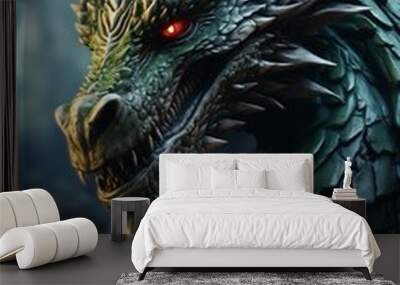 Illustration of a green fantasy dragon. Mythical formidable creature. An ancient fairy-tale beast. A giant fire-breathing monster. Wall mural