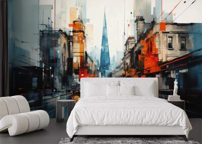 In this artwork, the Shard is depicted in an abstract cubist style. The image deconstructs the building into geometric shapes and intersecting planes,  Generative AI technology. Wall mural