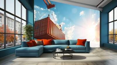 Industrial container hoisted by crane, symbolizing global shipping logistics. Wall mural