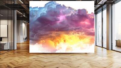 isolated bright lightning and colorful thunderclouds on white background Wall mural