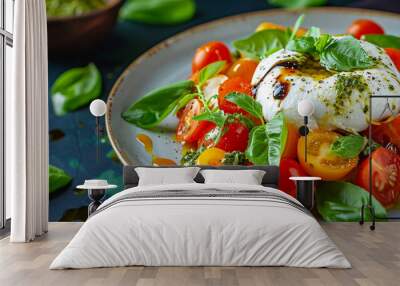 Italian salad with Burrata cheese and tomatoes. caprese with burrata cheese, cherry tomatoes, pesto sauce and basil. Wall mural