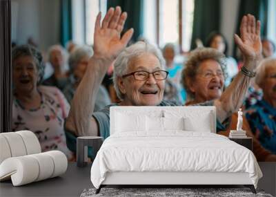 Joyful pensioners engaging in group activities at nursing home Wall mural