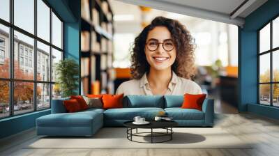 Joyful smiling bright beautiful female college student head shot portrait in the university library. ai generative Wall mural