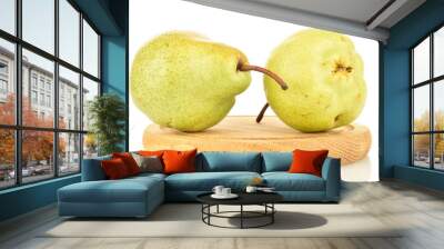 Juicy ripe, sweet, organic green pears, closeup, on a white background. Wall mural