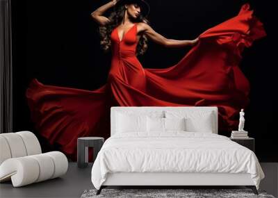 Passionate brunette woman in vibrant red tango dress elegantly dancing with captivating expression Wall mural