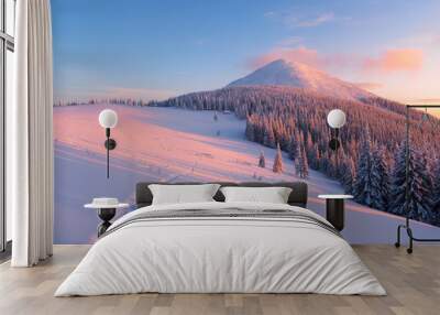 Winter landscape with footpath in the snow in the mountains Wall mural