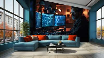 a cybersecurity expert monitoring the displays sitting in office Wall mural