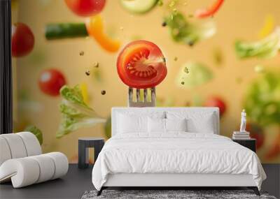 Cherry tomato on a fork in the center of the frame, in the middle of flying salad vegetables Wall mural