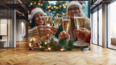 Christmas, toast and friends with alcohol in office for party celebration, social gathering and company lunch. Happy team, diversity and group of people with champagne for festival, cheers or holiday Wall mural