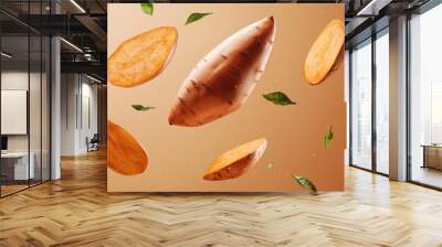 Flying sweet potatoes in dark brown background, showcasing vegetables levitating Wall mural