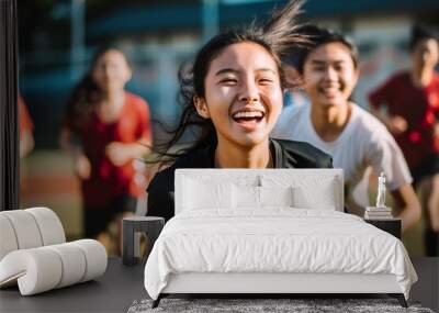 Happy teenagers playing soccer outdoors during daytime. Generative Ai Wall mural