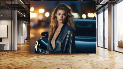 Portrait of attractive and stylish woman standing near modern no name electric car Wall mural