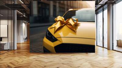 The new car is wrapped in a yellow bow. Beautiful gift concept. Generative Ai Wall mural