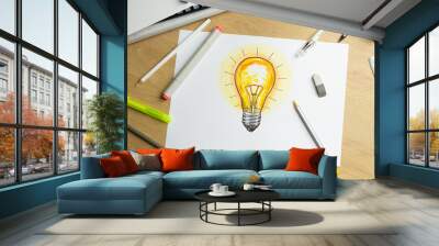 Lamp drawing. Idea and innovation concept. Inspiration Wall mural