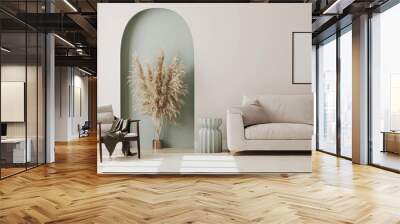 living room interior mock up, modern furniture and decorative green arch with trendy dried flowers,  Wall mural