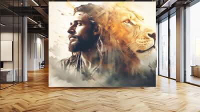 Lord Jesus Christ and the Lion King. ai generative Wall mural