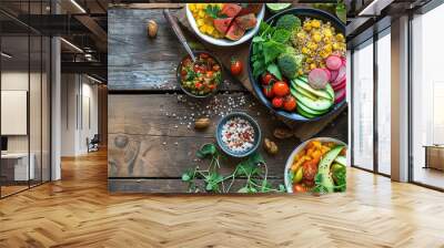 lunch complemented by colorful vegetables and served on a rustic wooden table Wall mural