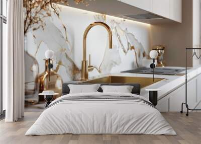 luxury kitchen sink with gold faucet and marble countertop Wall mural