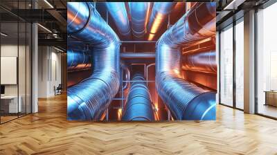 metal pipes in a modern industrial air conditioning system on the ceiling, with cold and warm colors Wall mural