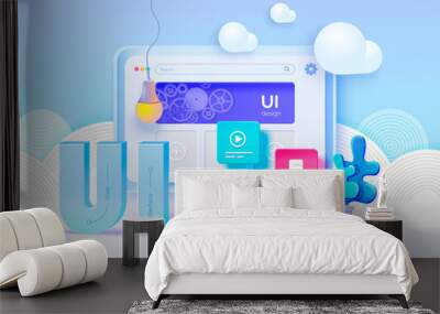 Mockup 3D monitor with user interface elements for web design Software creator. User interface, user experience design. A set of tools for creating UI UX. Web development. Vector illustration 3D style Wall mural