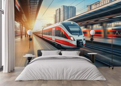 Modern high-speed train in motion at the railway station with a blue sky and sun rays, the colorful platform of a European city on a summer day Wall mural