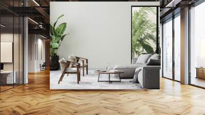 modern living room interior with beige wall, gray and wooden furniture and tropical plants with palm leaves, 3d rendering Wall mural