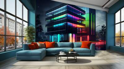 modern office building at night, with the exterior illuminated by colorful lights and accent features, creating a striking and memorable impression. Generative AI technology. Wall mural