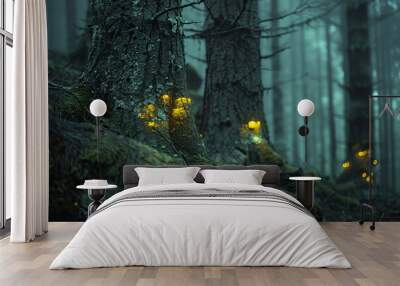 Moss that glows softly at night, illuminating ancient forest scripts on the trunks of trees. Wall mural