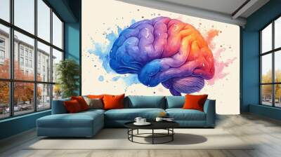 multi-colored brain, paint drawing, light background Wall mural