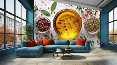 olive oil, herbs and spices, top view on white background Wall mural