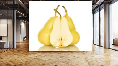 One half and two whole organic ripe, yellow pears, close-up, isolated on white. Wall mural