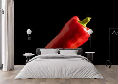 One sweet red pepper, macro, isolated on black background. Wall mural