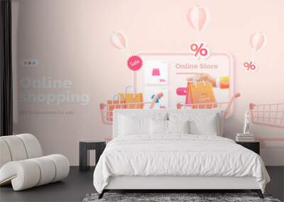 Online shopping on the website and mobile app. Conceptual illustration with online store interface, bank card, shopping bag, basket and actions with them. Web banner 3d style. Wall mural