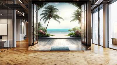 Open tropical yoga studio place with view outside to the beautiful garden with palm trees and ocean Wall mural