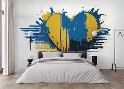 Painted yellow-blue heart - Ukraine. Abstract background in the shape of a heart with splashes of the colors of the Ukrainian flag in yellow and blue. Wall mural