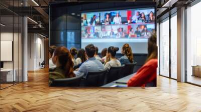 Participants in conference session watching video on large screen, business and education. Wall mural