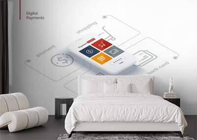 Payment system mobile interface. Infographics with a mobile phone and payment system icons. Modern full-color illustration isometric style. Wall mural