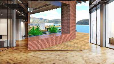 Peaceful environment in a corner of paradise next to a cozy patio near the pool on the roof of a luxury hotel, located high in the mountains. 3d rendering. Wall mural