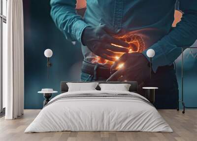 Person with highlighted inflamed pancreas experiencing abdominal pain and digestive issues Wall mural