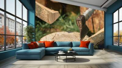 Photography on theme big steel axe with wooden handle Wall mural