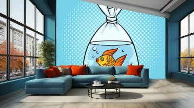 aquarium goldfish in plastic bag with water pinup pop art retro vector illustration. Comic book style imitation. Wall mural