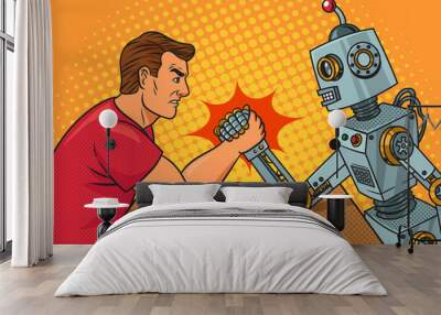 arm wrestling man vs robot pinup pop art retro raster illustration. Comic book style imitation. Wall mural