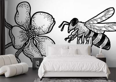 bee flies to flower sketch PNG illustration Wall mural