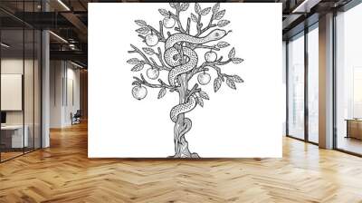 biblical serpent snake on apple tree sketch engraving vector illustration. T-shirt apparel print design. Scratch board imitation. Black and white hand drawn image. Wall mural