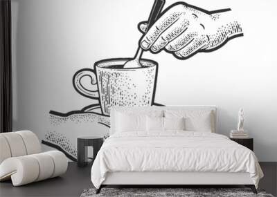 brewing tea stir sugar in a cup sketch engraving vector illustration. T-shirt apparel print design. Scratch board imitation. Black and white hand drawn image. Wall mural