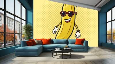 Cartoon happy banana walking in sunglasses pinup pop art retro vector illustration. Comic book style imitation. Generative AI Wall mural